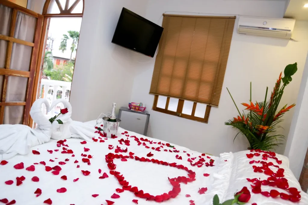 Habitación con decoración romántica de pétalos