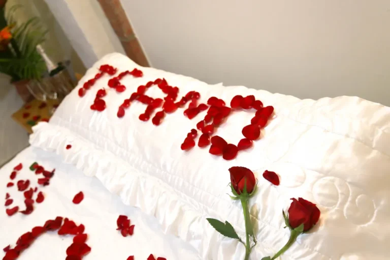 Almohada con pétalos que dicen Te amo